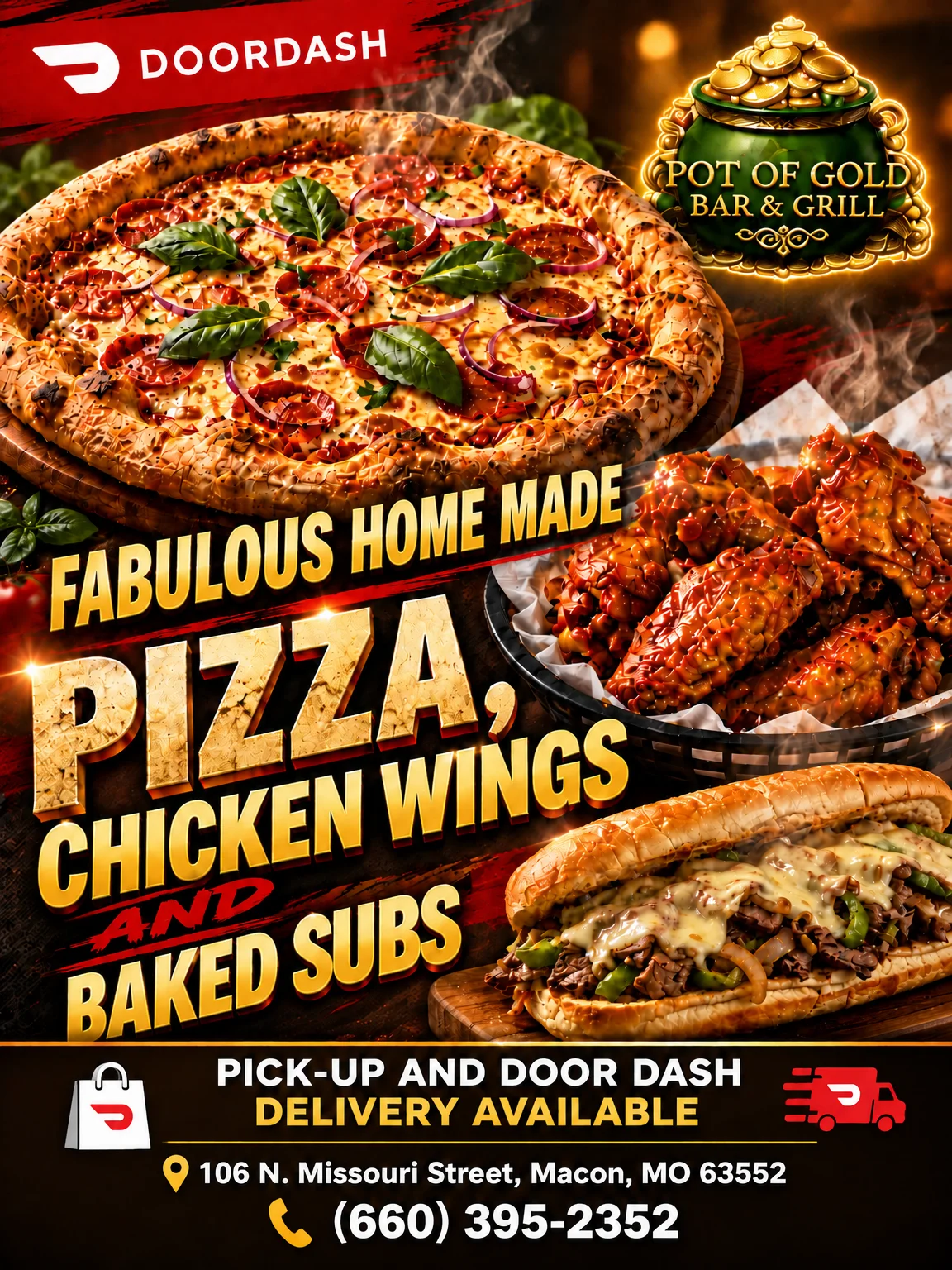 Restaurant promotional graphic featuring pizza, chicken wings, and a baked sub