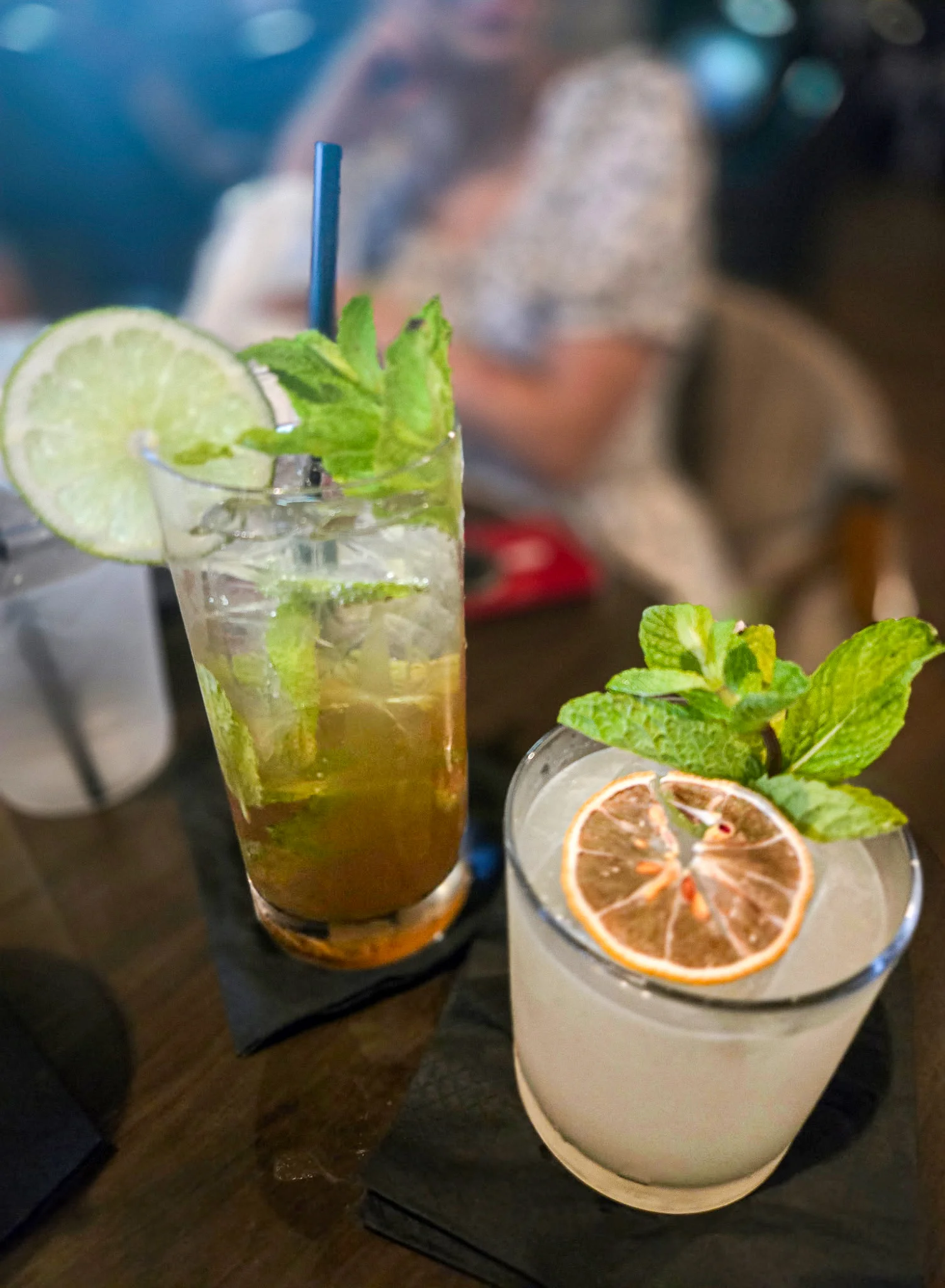 Two refreshing cocktails. One is topped with a slice of lime and mint leaves, while the other features a dehydrated citrus slice and fresh mint.