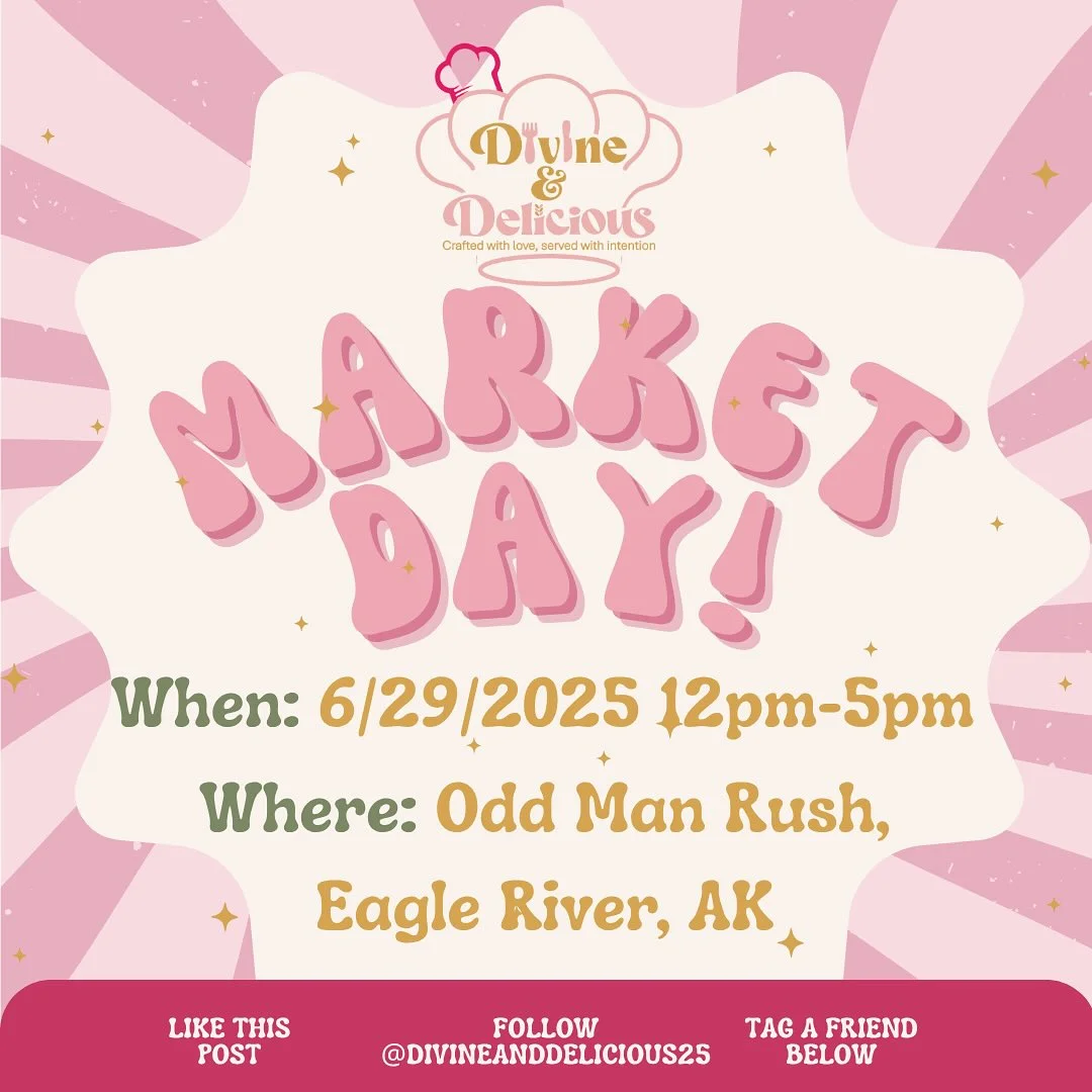 An eye-catching flyer for a market day event featuring details such as date, time, and location in Eagle River, AK.