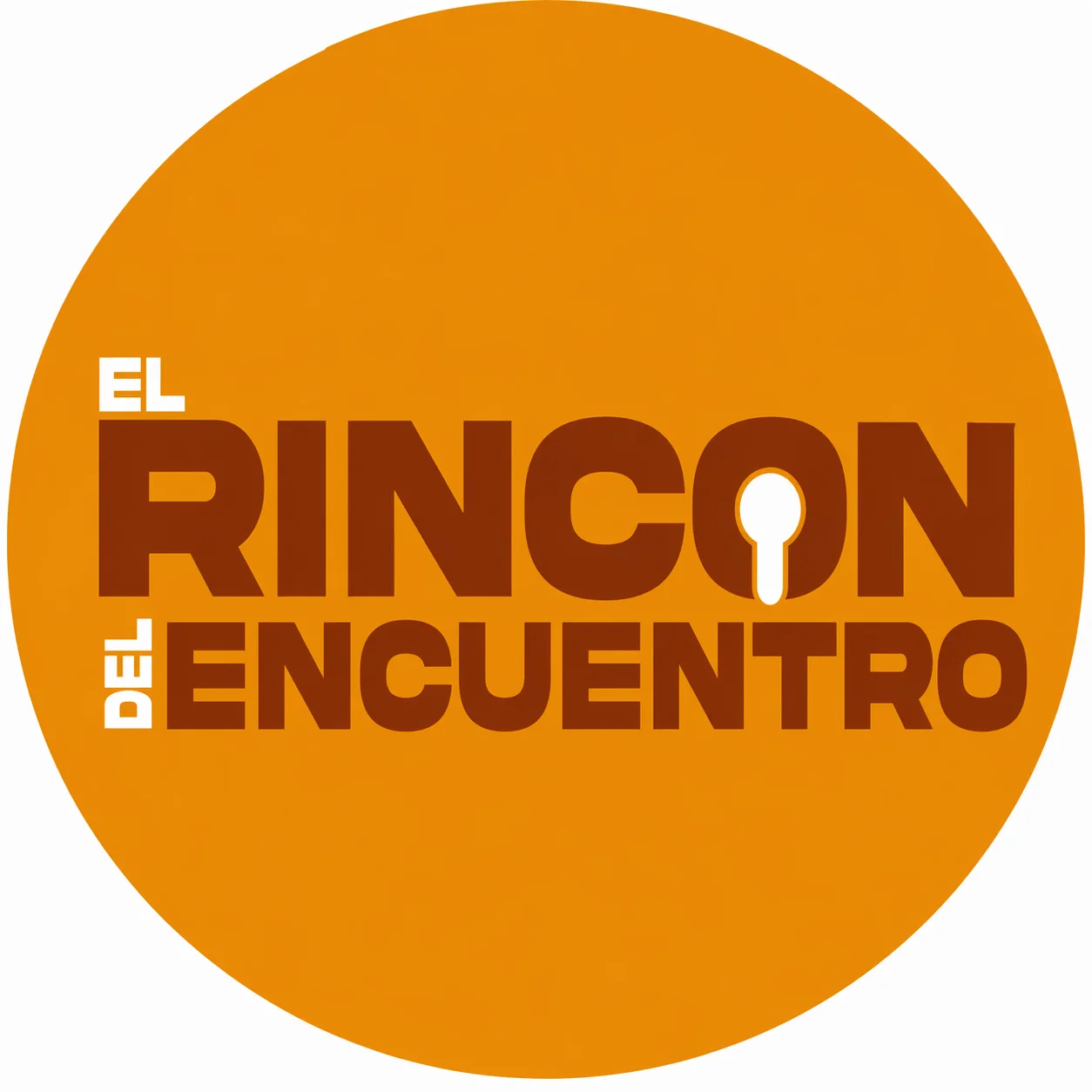 A circular logo with a warm orange background, featuring bold text that reads 'El Rincón del Encuentro'.