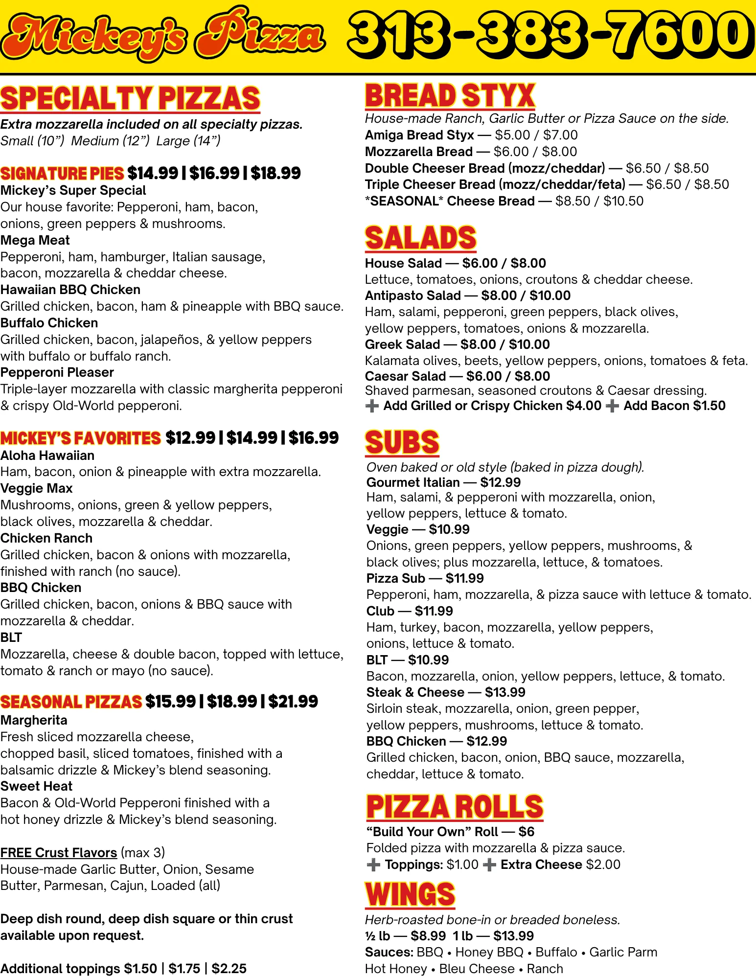 Menu for Mickey's Pizza featuring specialty pizzas and build your own options.