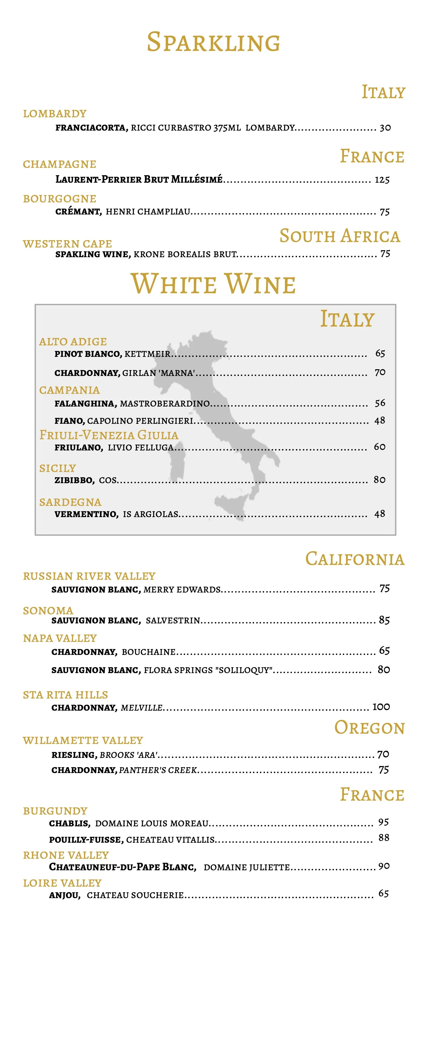 Wine menu featuring sparkling and white wines from Italy, France, and California