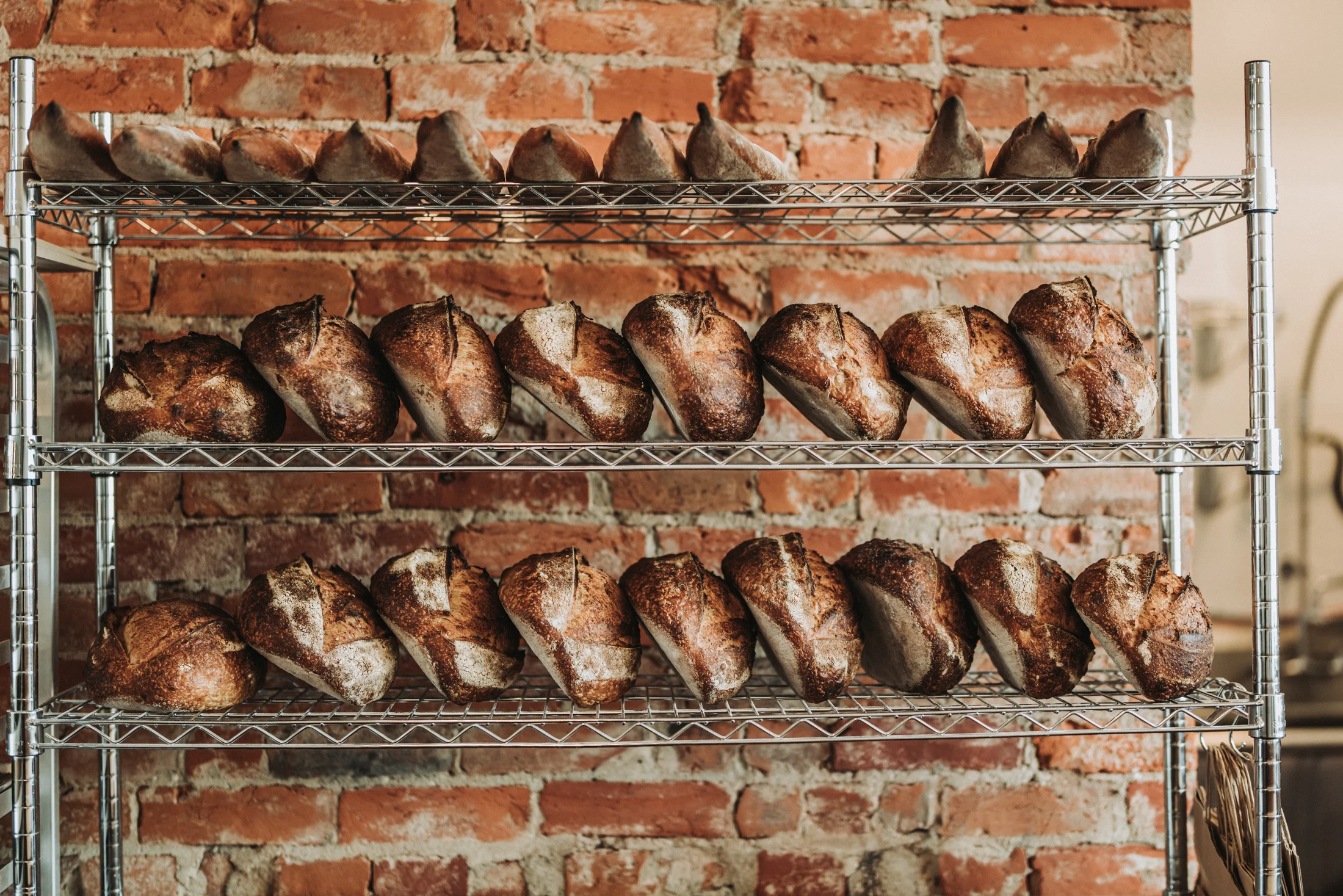 Artisan sourdough bread loaves on a rustic metal rack