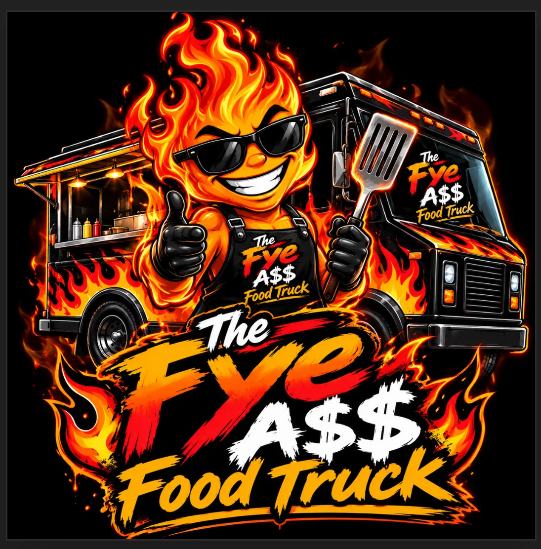 Vibrant food truck logo featuring a fiery character and bold typography