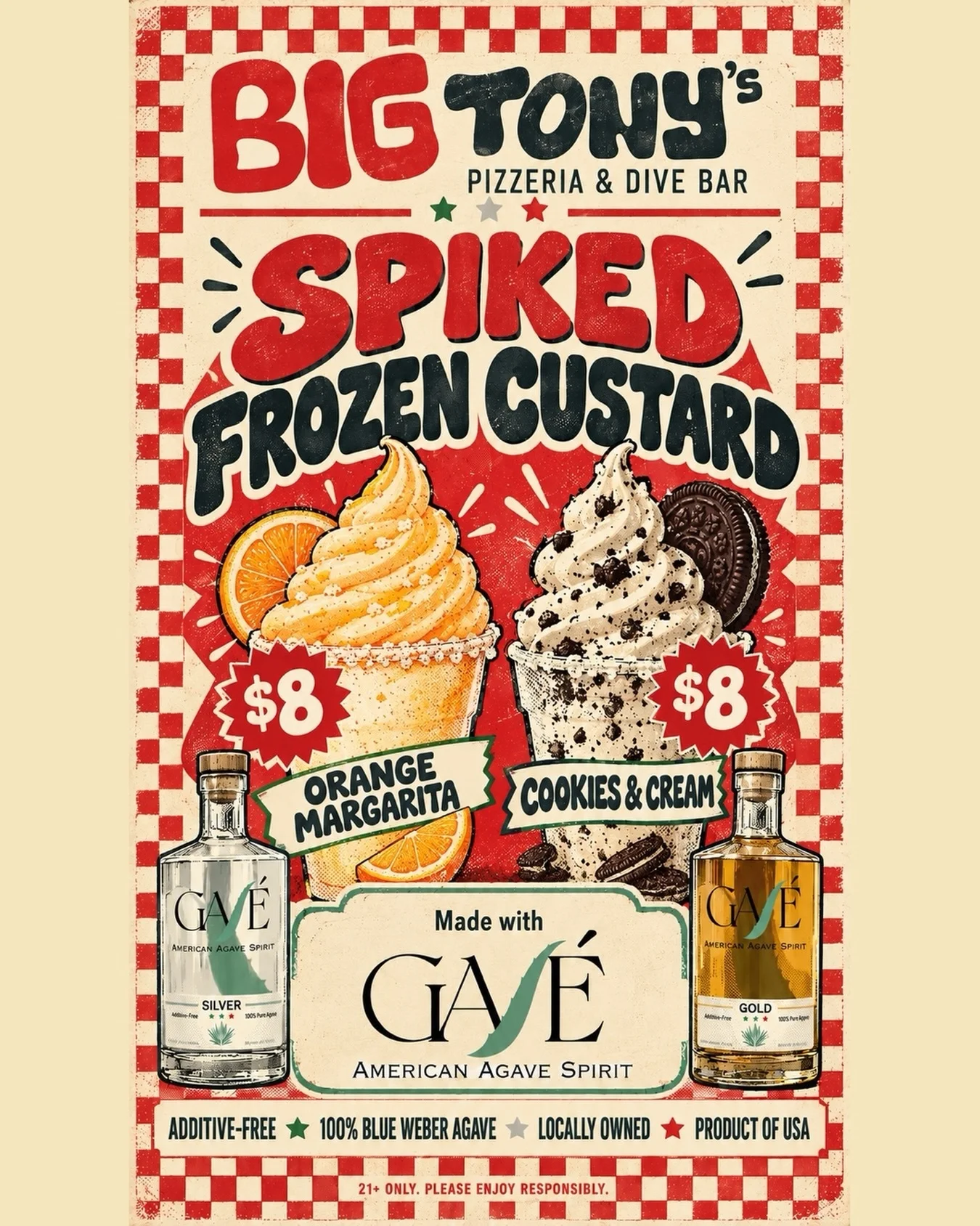 Vintage promotional poster featuring orange margarita and cookies-and-cream frozen custards