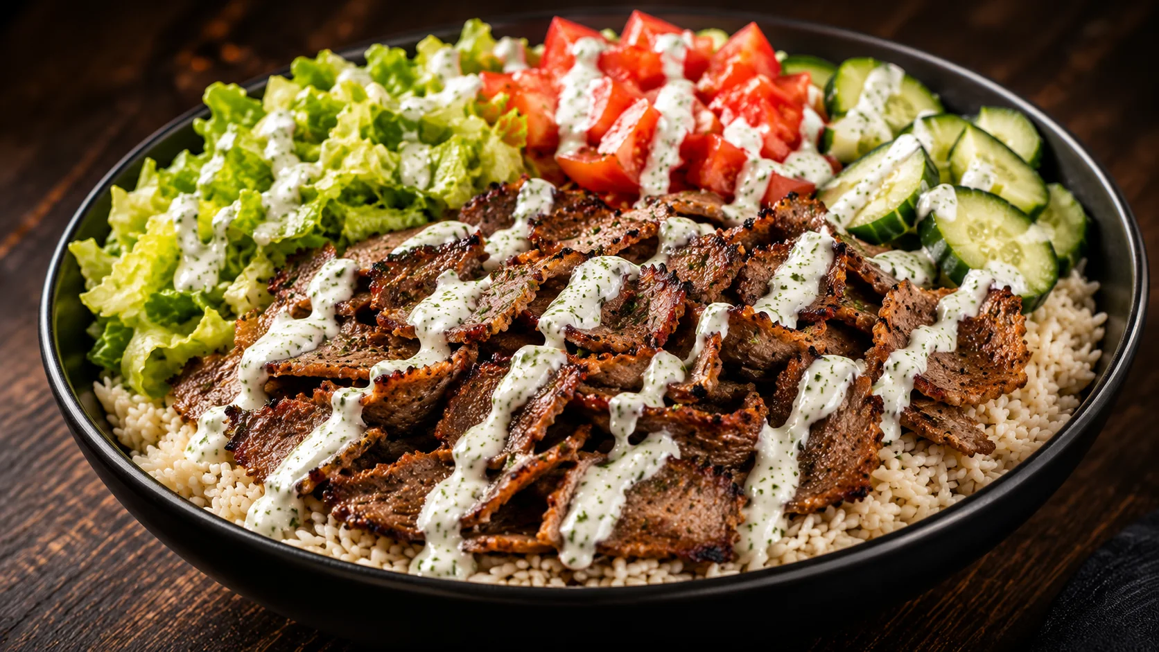 A bowl filled with seasoned grilled meat served over grains, accompanied by fresh lettuce, diced tomatoes, and cucumber slices, all drizzled with a creamy sauce.