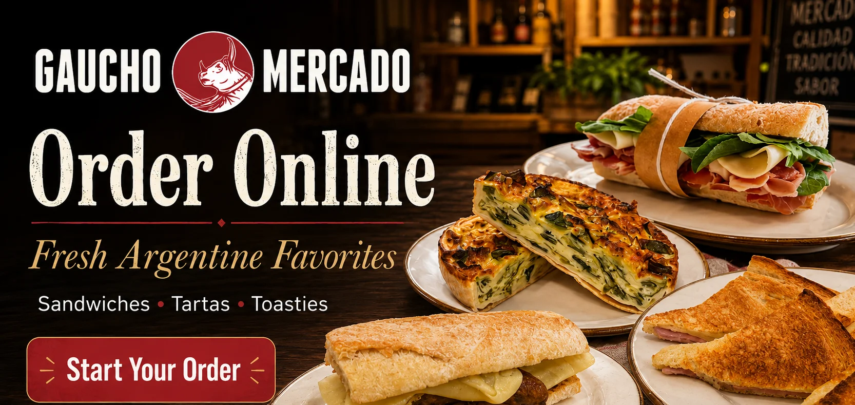 Assorted Argentine sandwiches and pastries on rustic plates