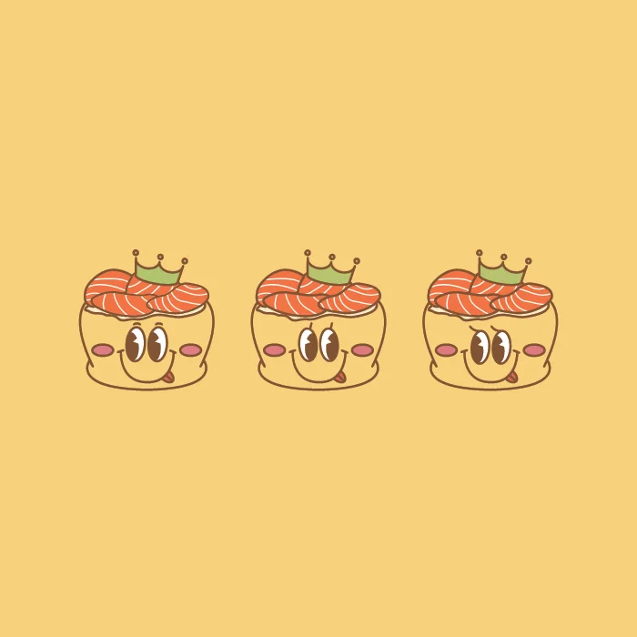 Cute cartoon sushi rolls with crowns on a yellow background