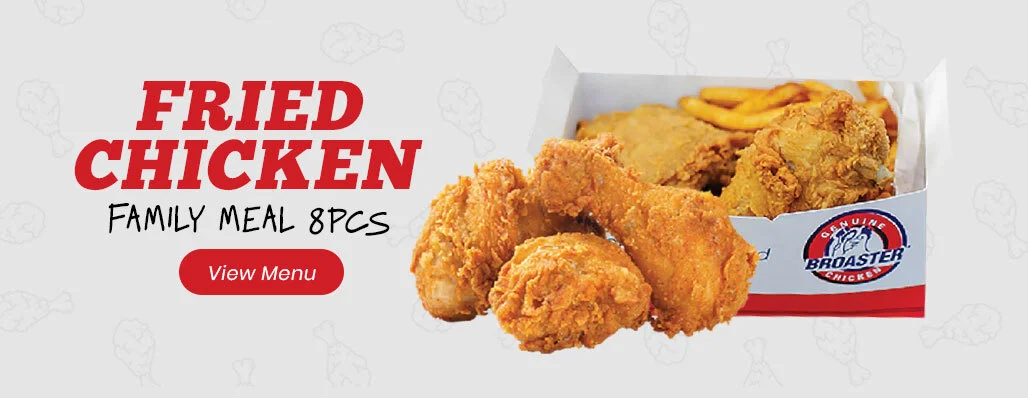 Fried chicken family meal with 8 pieces and fries in a takeout box.