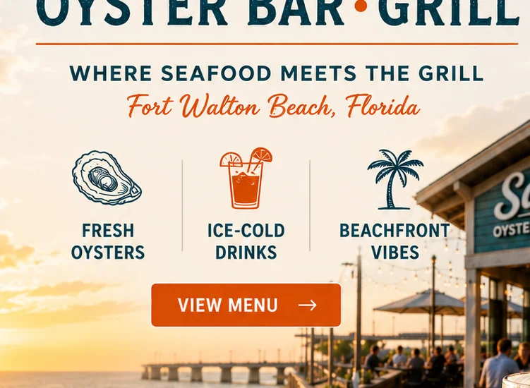 Fresh oysters on a platter with beachfront sunset view