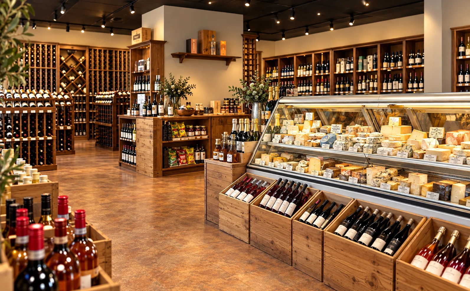 Elegant wine shop interior with cheese display and wooden wine racks