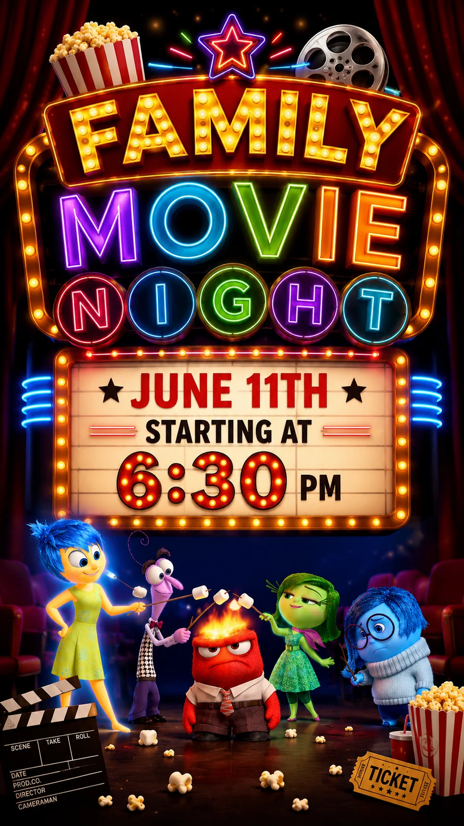 Animated character promoting family movie night with popcorn and drinks