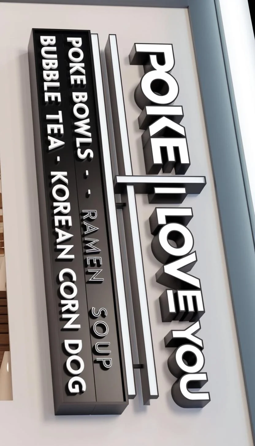 Restaurant sign for Poke Love You featuring poke bowls and ramen