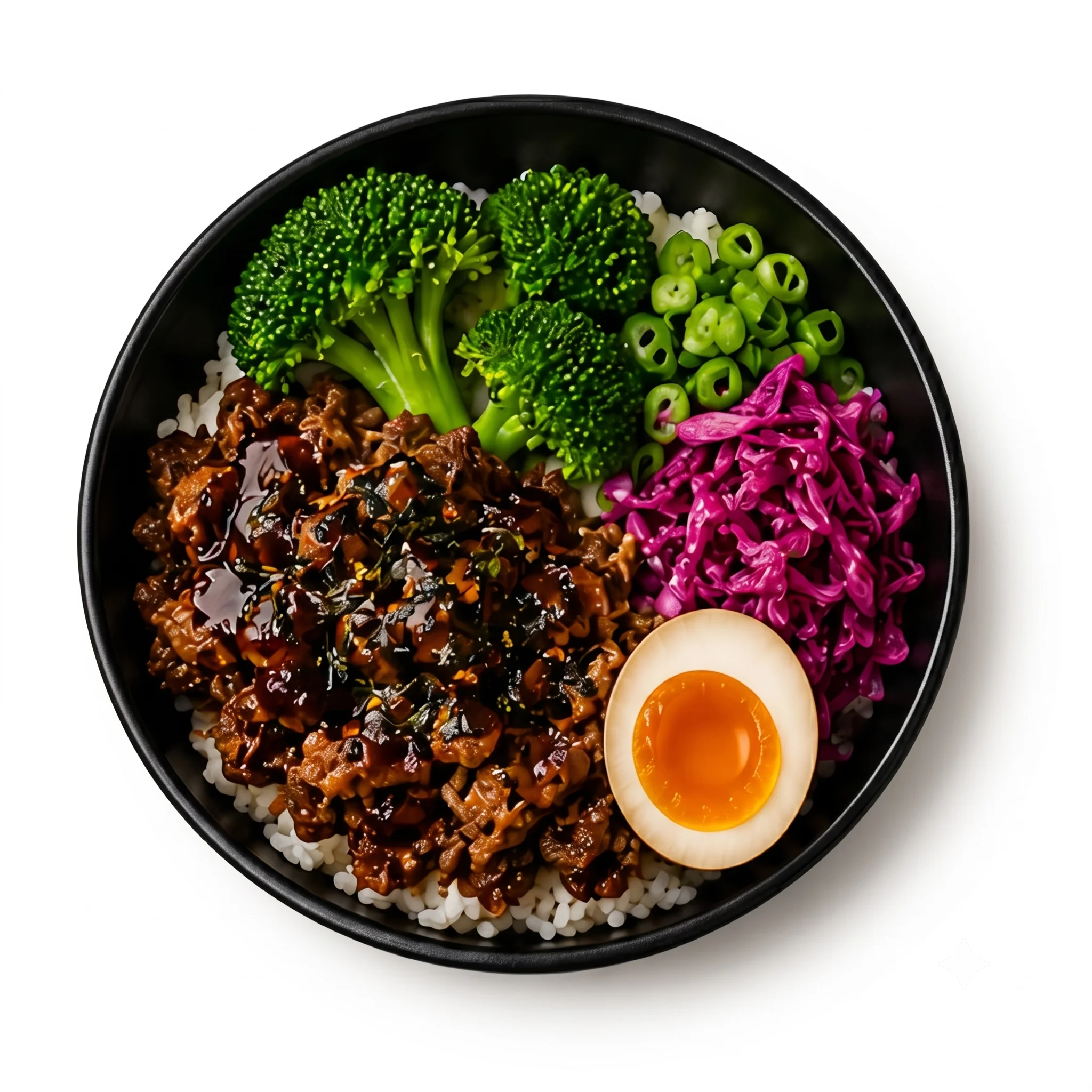 Bowl of rice topped with beef, broccoli, purple cabbage, and a soft-boiled egg.