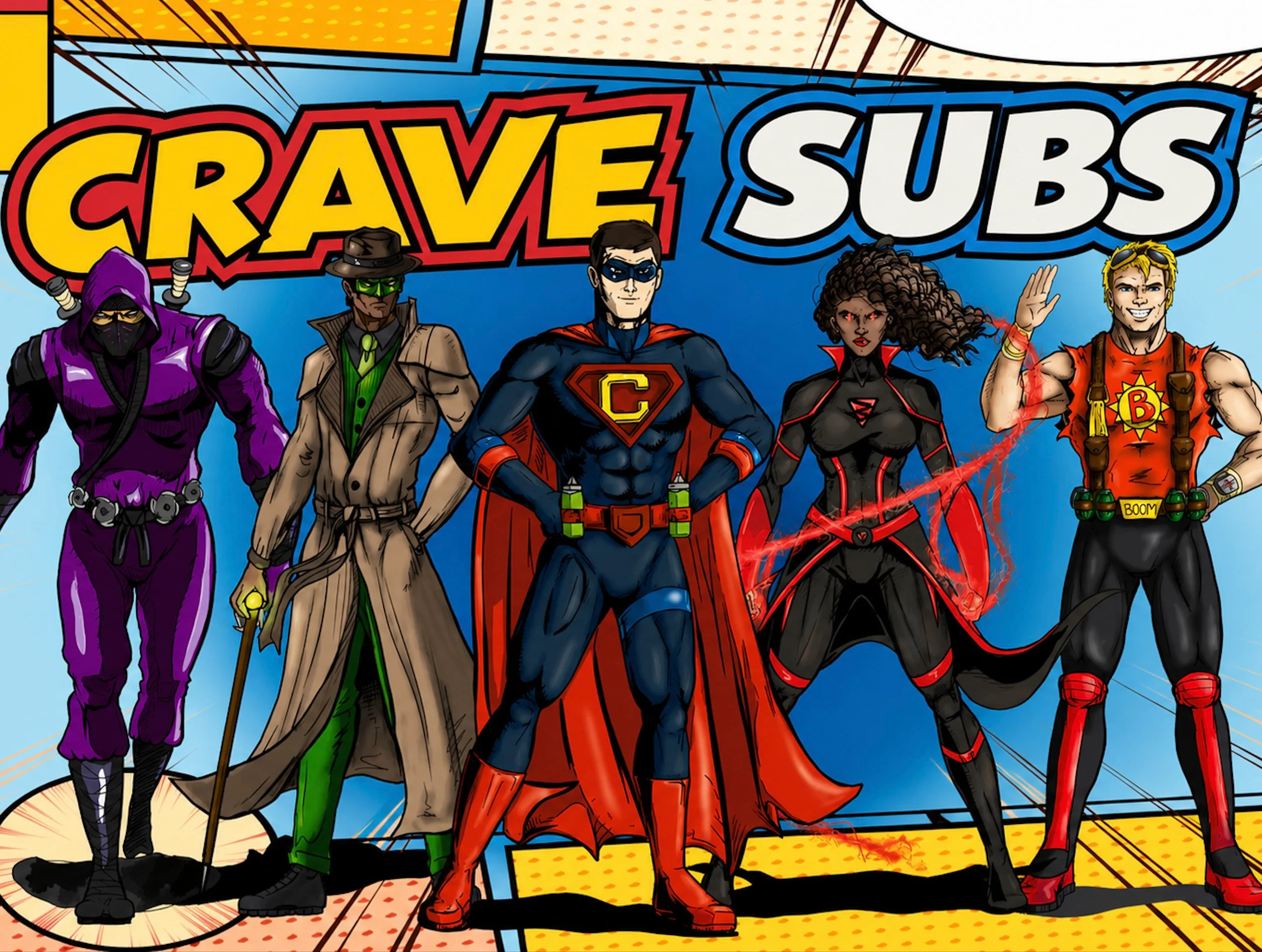 A dynamic graphic featuring a superhero character with a sandwich, surrounded by comic-style explosions highlighting various food items, against a bright blue background.