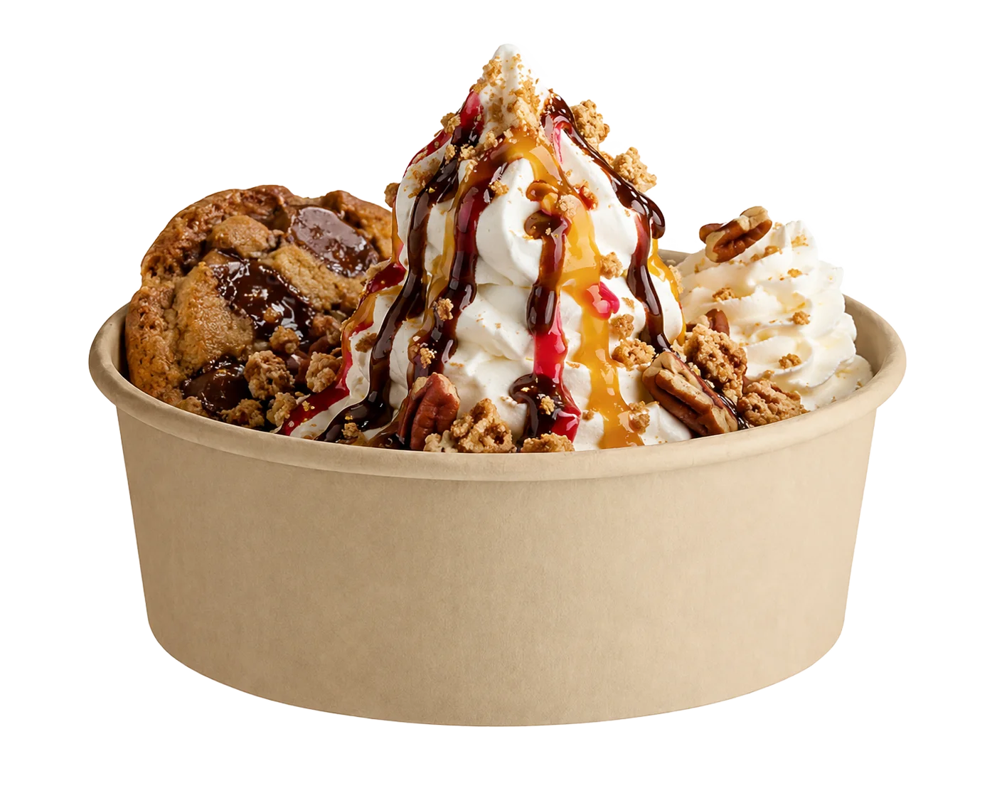 Decadent ice cream sundae with cookie and toppings