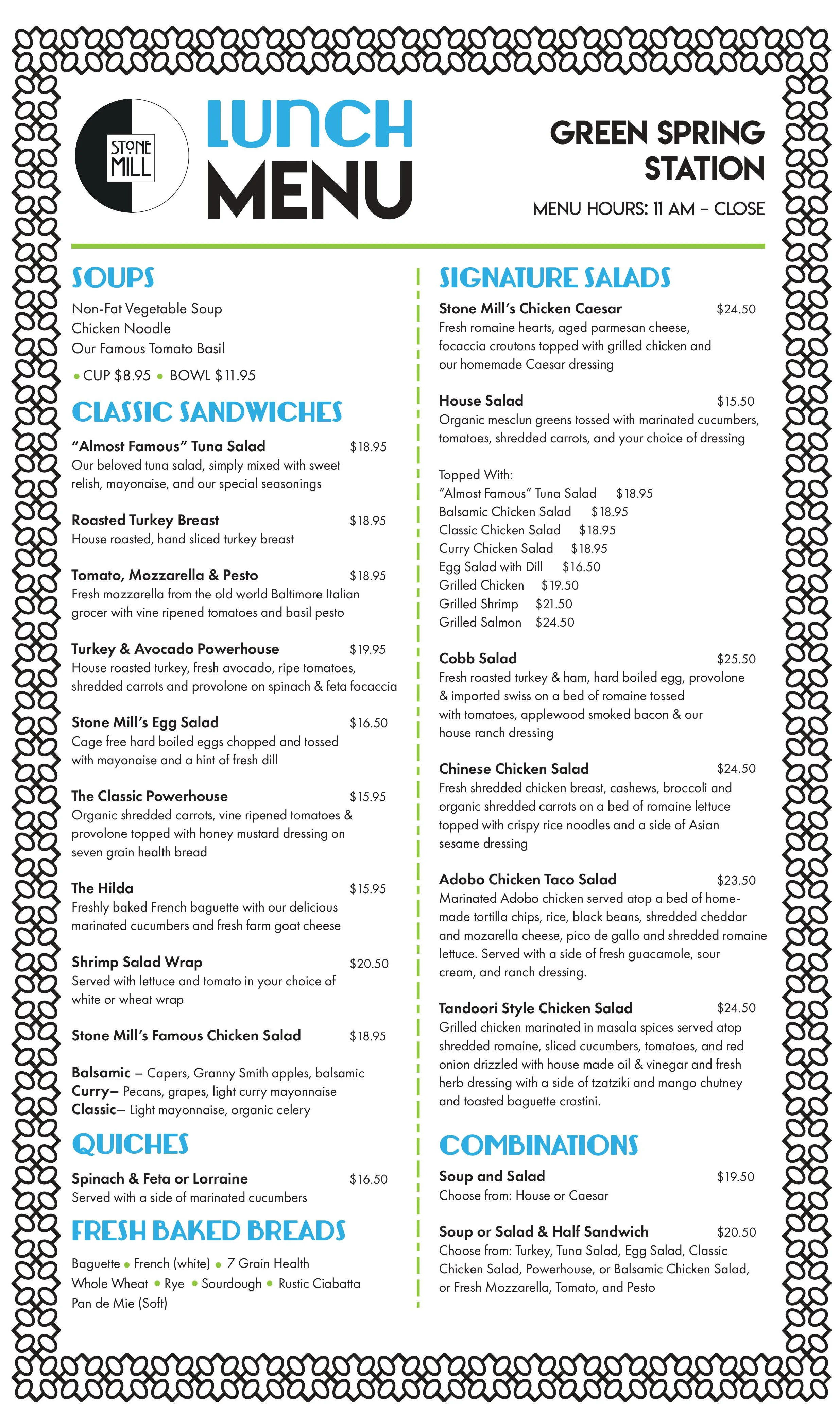 Lunch menu featuring a variety of sandwiches and salads