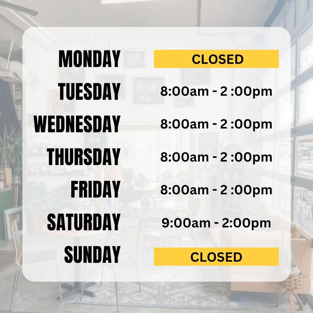 Restaurant hours schedule with closed days highlighted