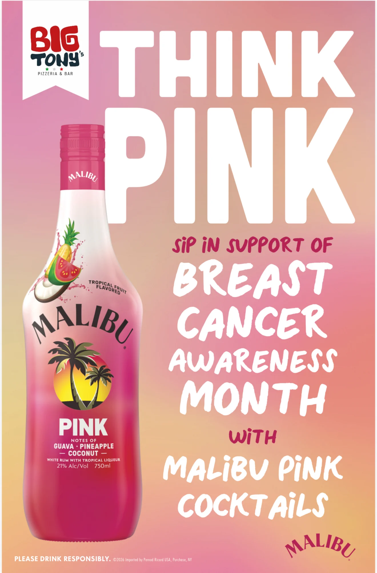 Restaurant promotional poster featuring a pink tropical rum bottle and bold typography