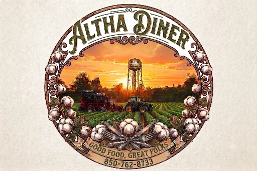 Logo of Altha Diner featuring a sunset and farm scenery