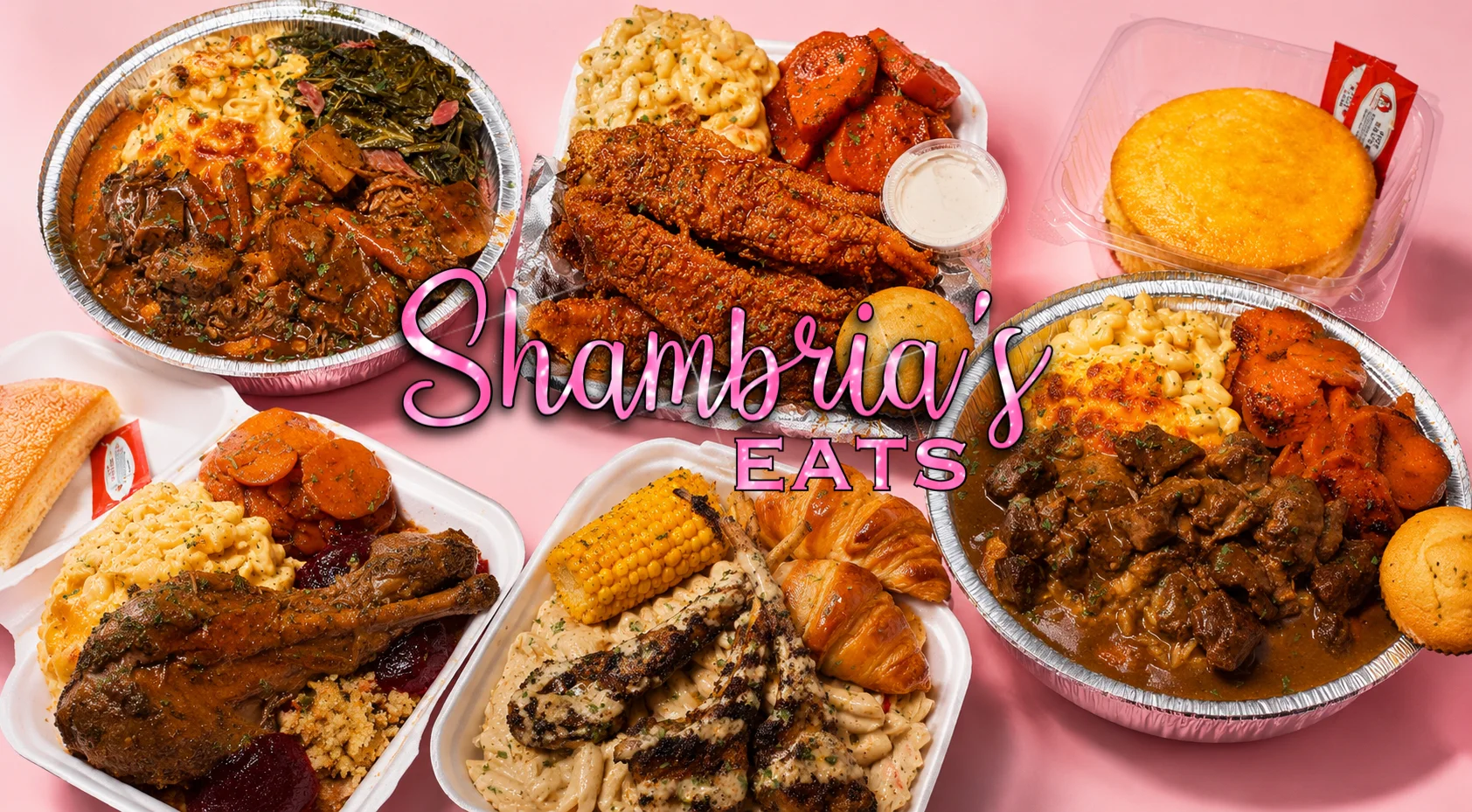 Catering company logo with elegant script on pink background
