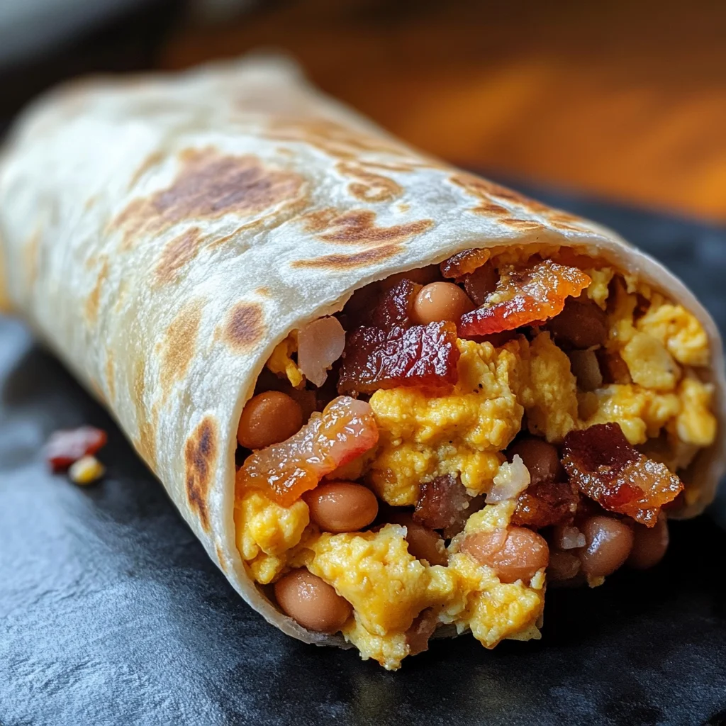Breakfast burrito filled with eggs and bacon