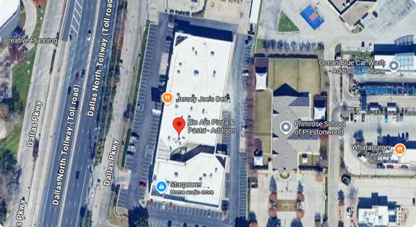 Map showing Zio Al's Pizza & Pasta in Addison, Texas