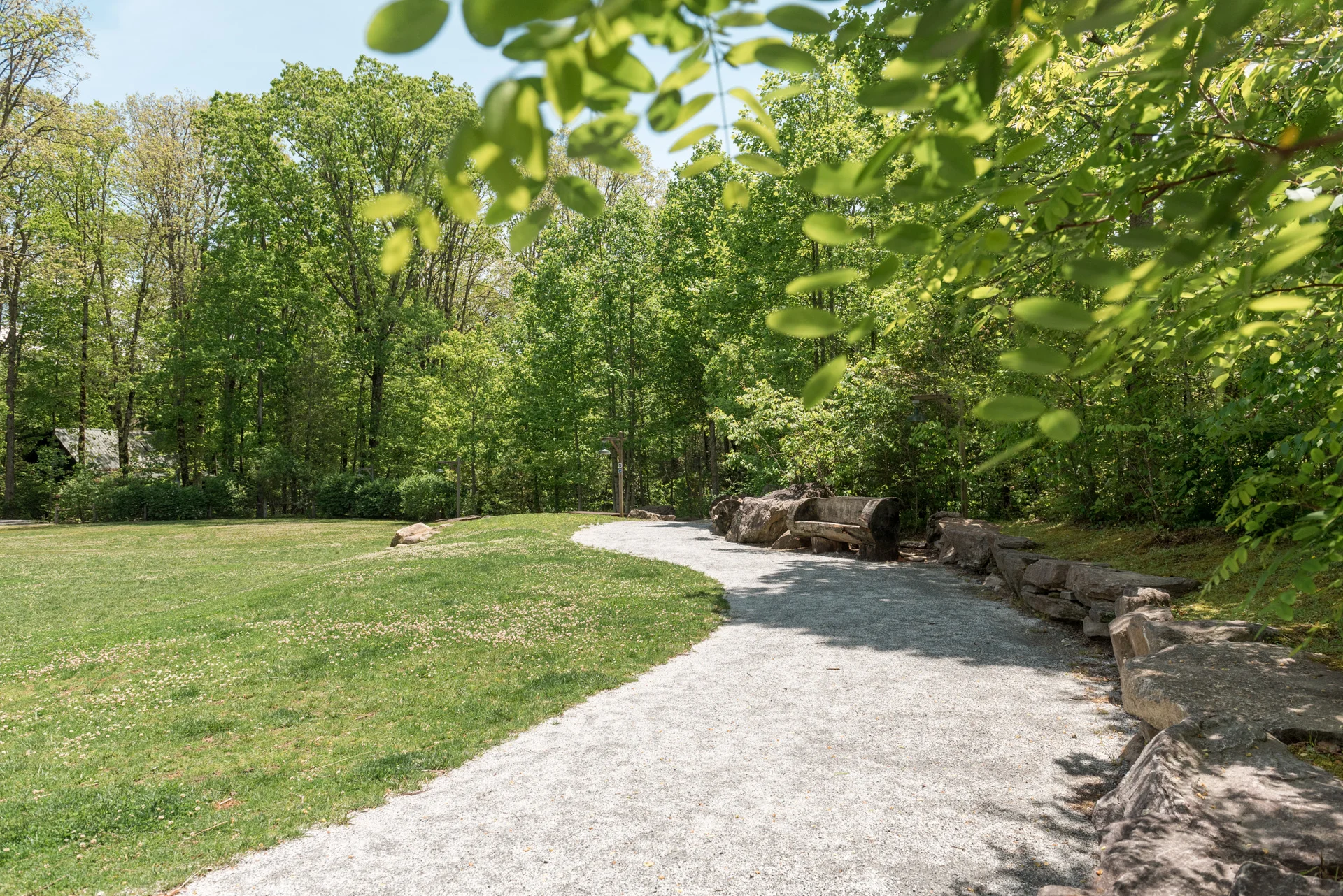 Outdoor bar seating surrounded by lush greenery