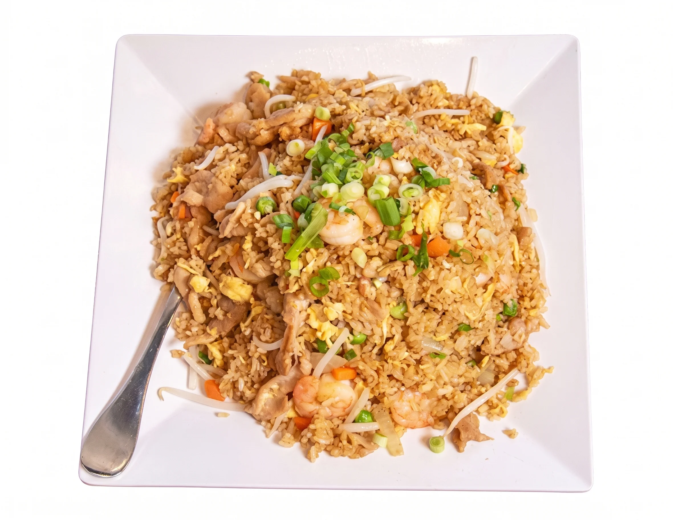 Plate of fried rice with shrimp, chicken, vegetables, and green onions.