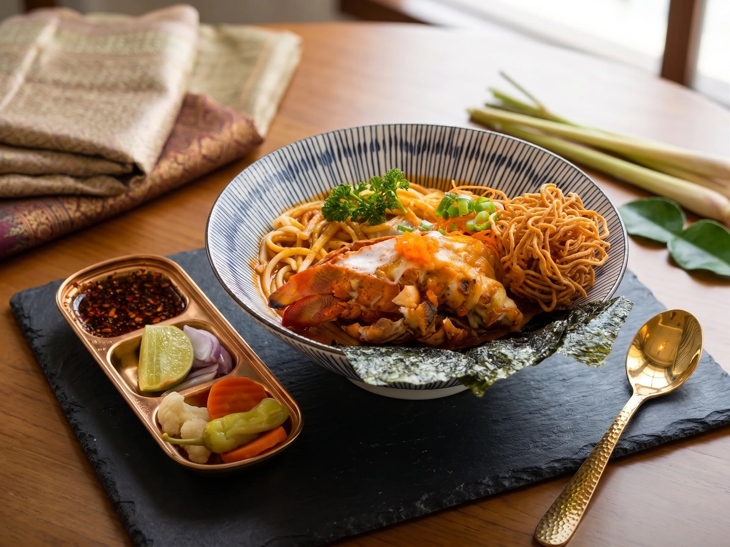 Asian-style lobster noodle bowl with crispy noodles and dipping sauce
