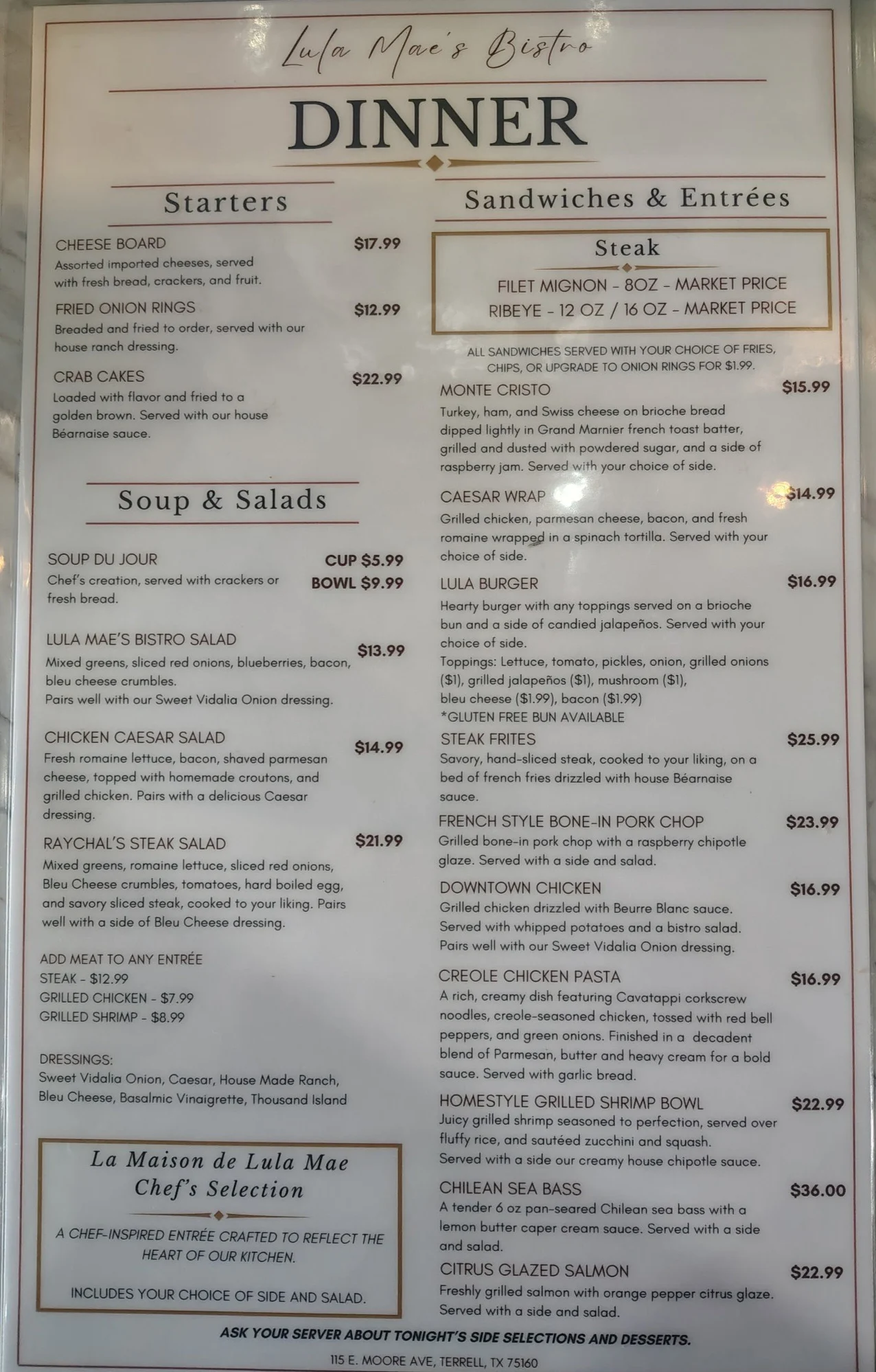 Elegant dinner menu featuring a variety of gourmet dishes