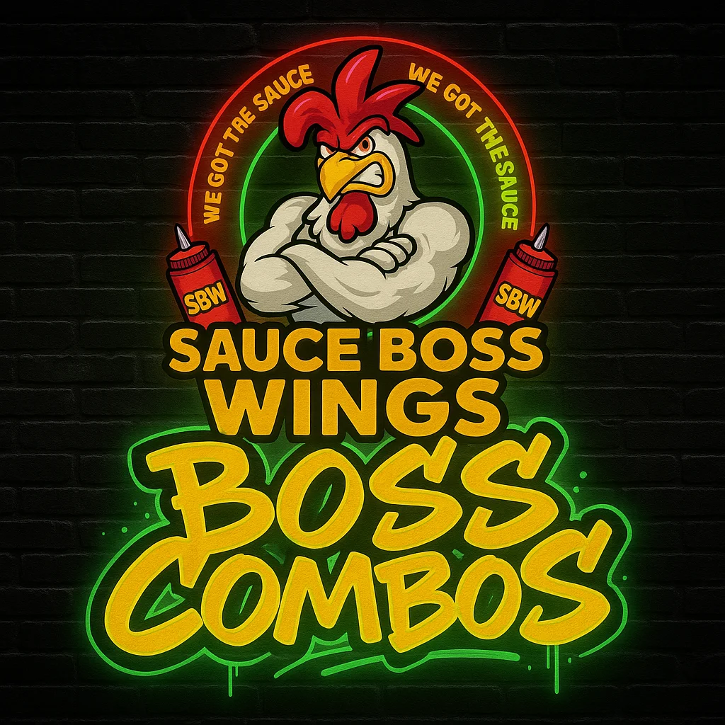 Logo for Sauce Boss Wings featuring a muscular chicken mascot