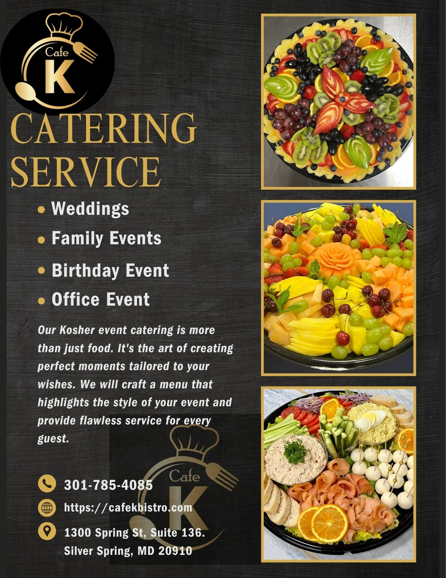 Catering service menu with fruit platters and event details.