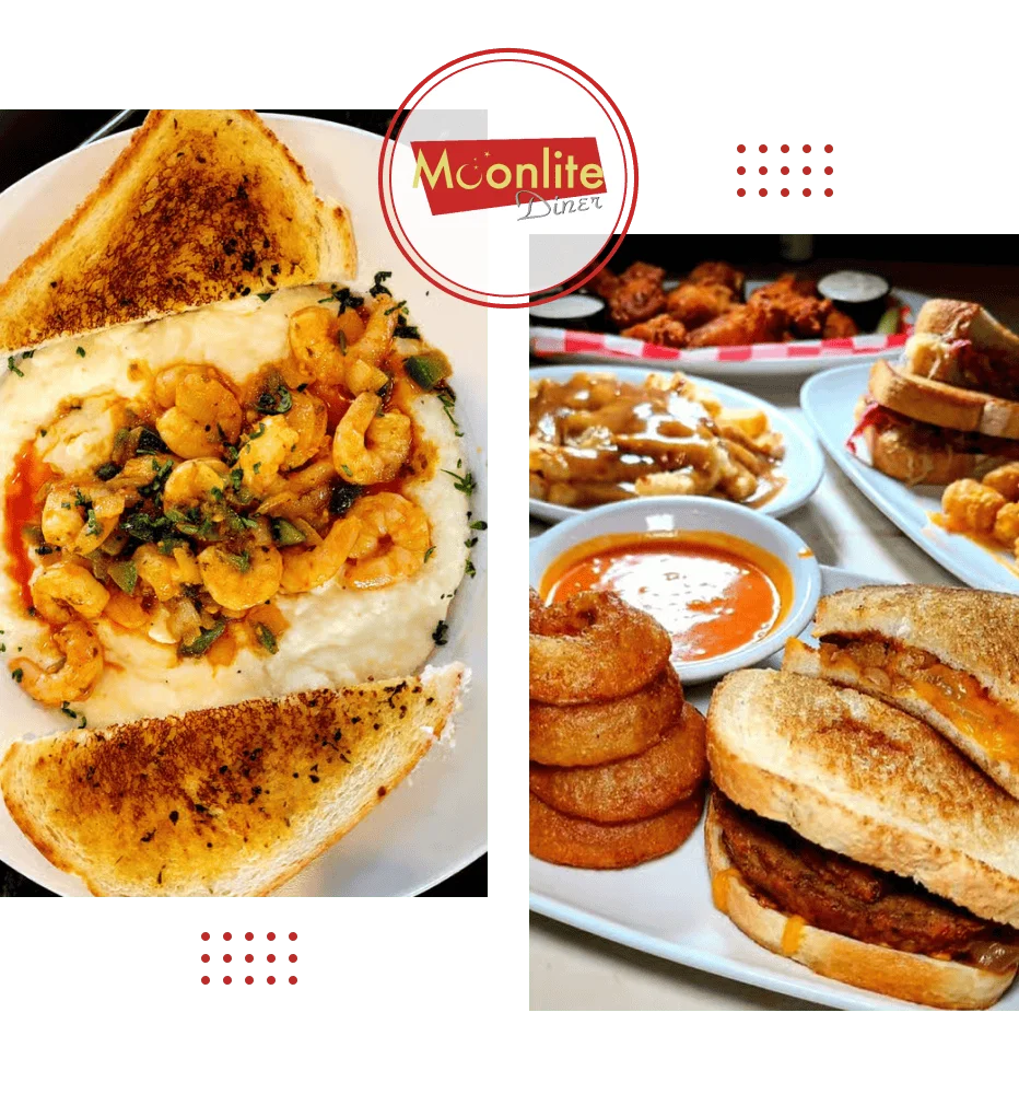 Selection of Moonlite Diner favorites featuring creamy shrimp and grits, burgers, sandwiches, onion rings, and classic comfort food.