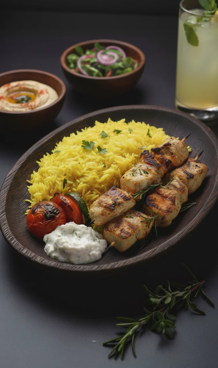 Grilled chicken kebabs with saffron rice and Mediterranean sides