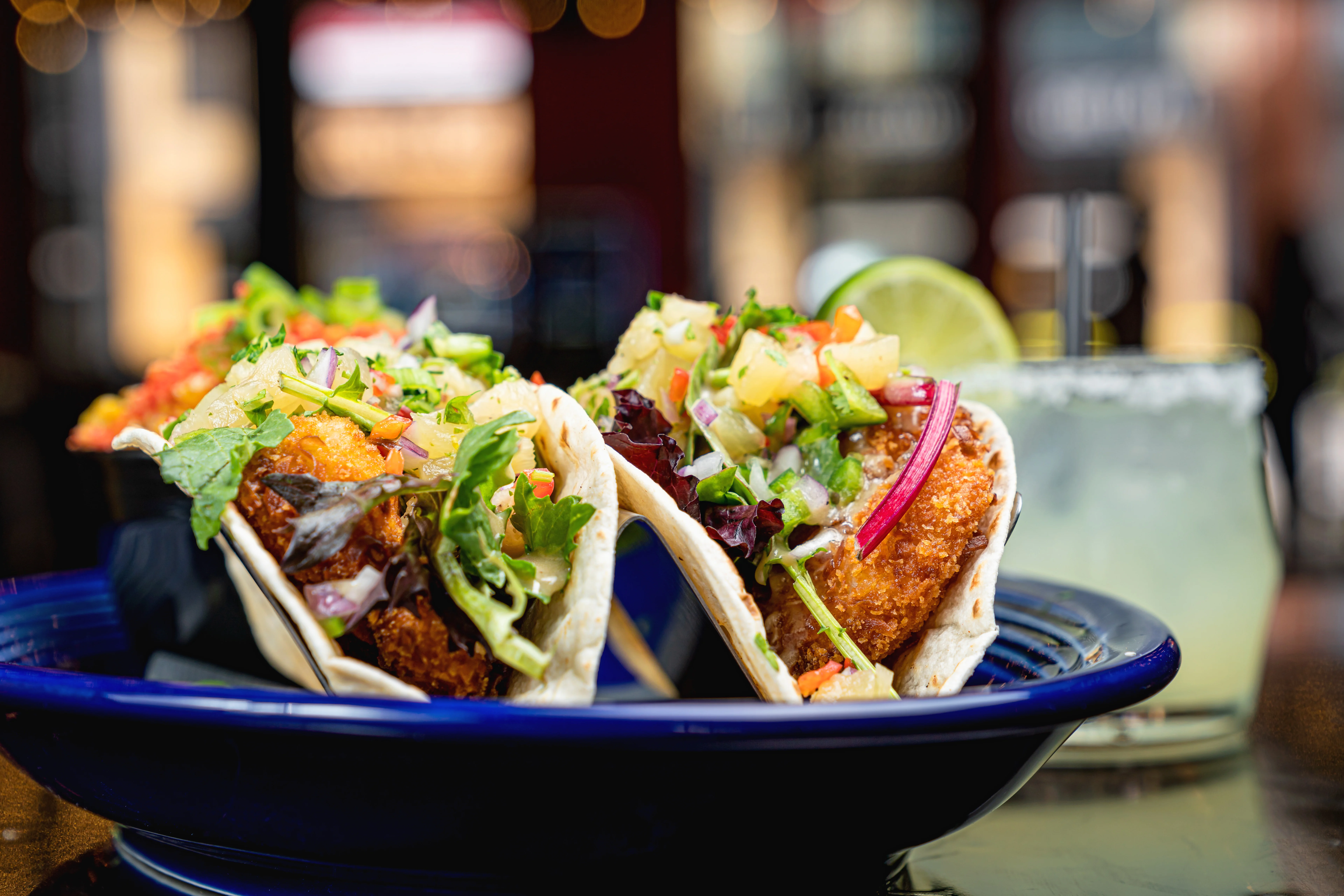 Crispy fish tacos with fresh toppings