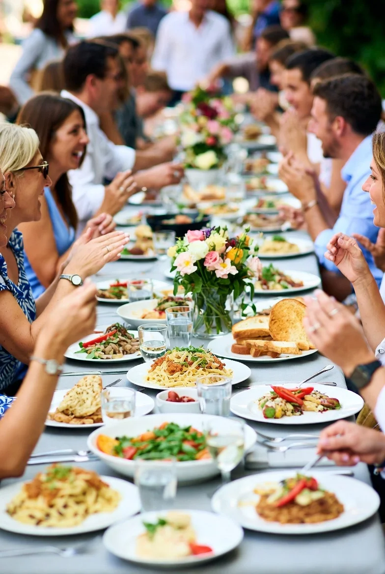 Outdoor catered event with Italian dishes, pasta, bread, and salads served to a large group by Tommy’s Pizza in South Richmond Hill, Queens NY 