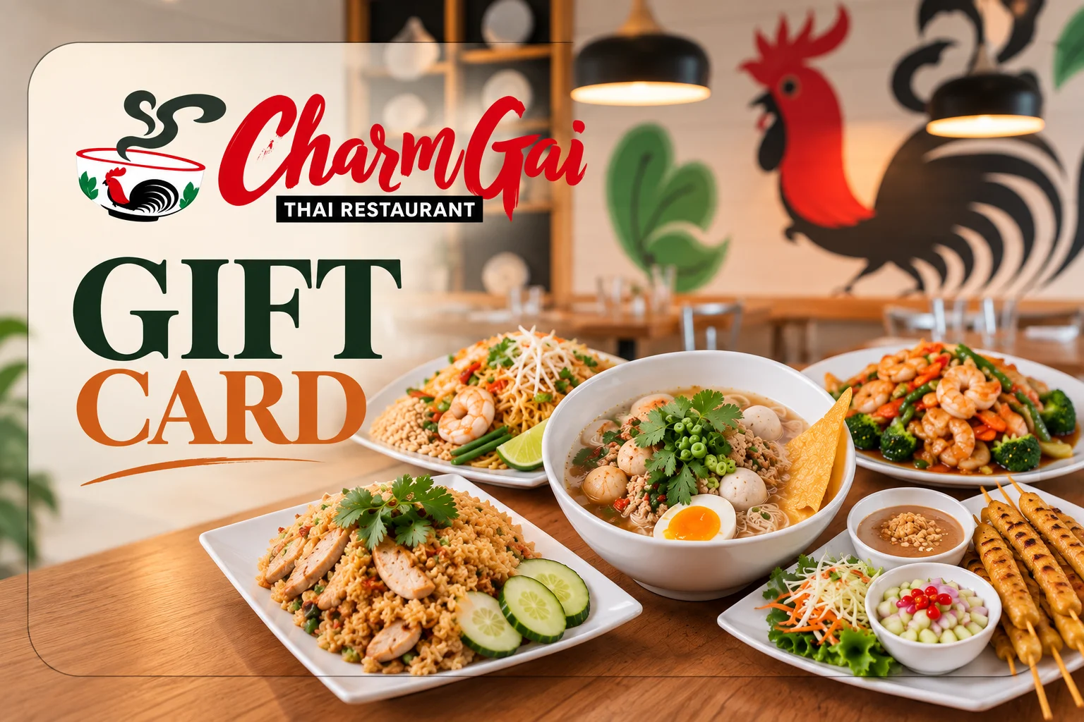 Thai restaurant gift card graphic with colorful Thai dishes and red ribbon