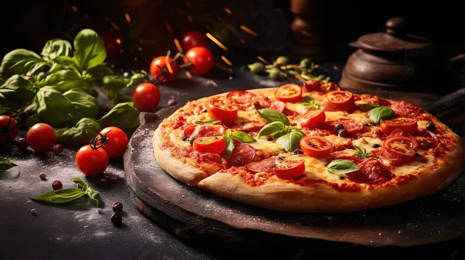 Pepperoni pizza with fresh basil and tomatoes
