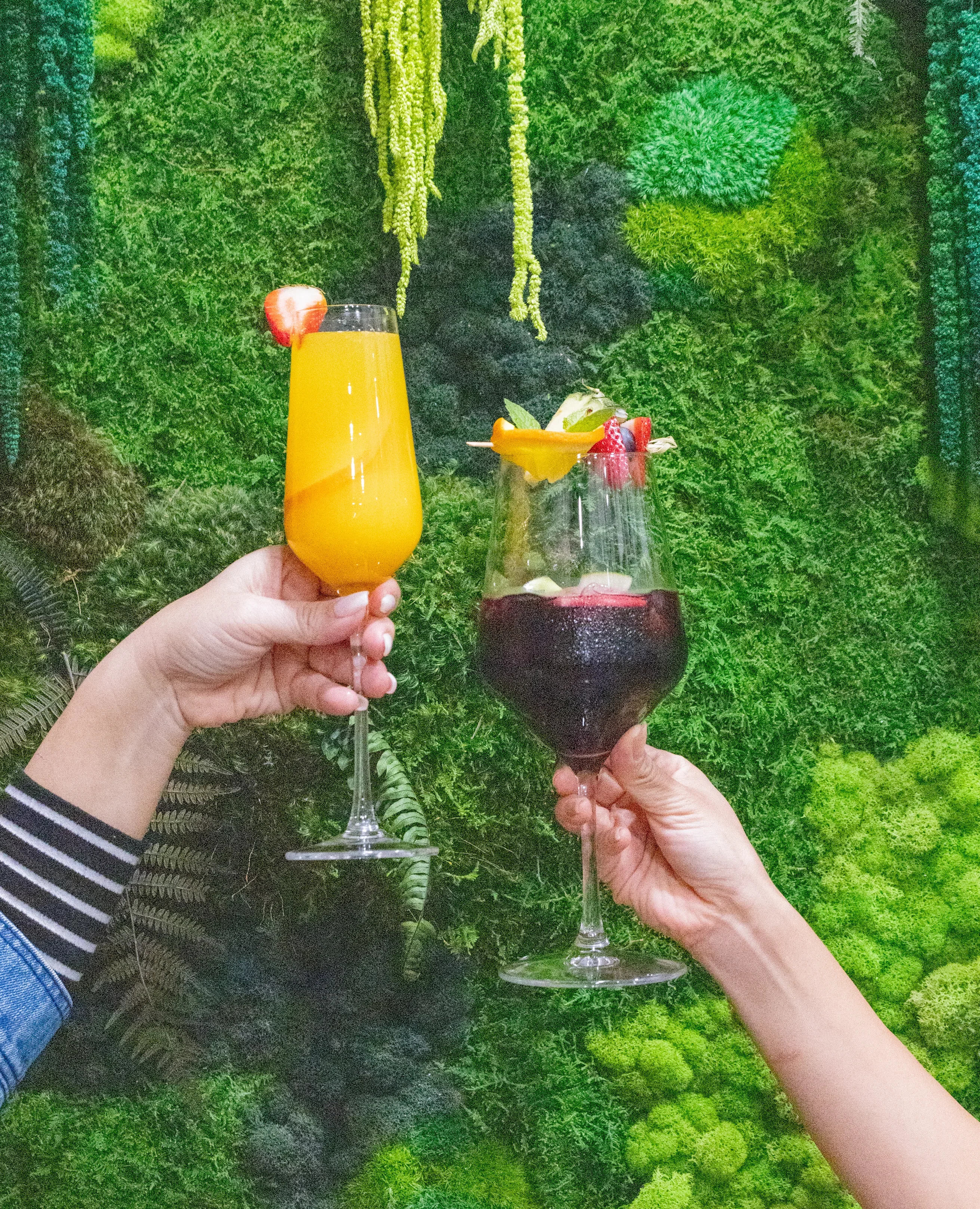 Colorful cocktails against a vibrant green moss backdrop