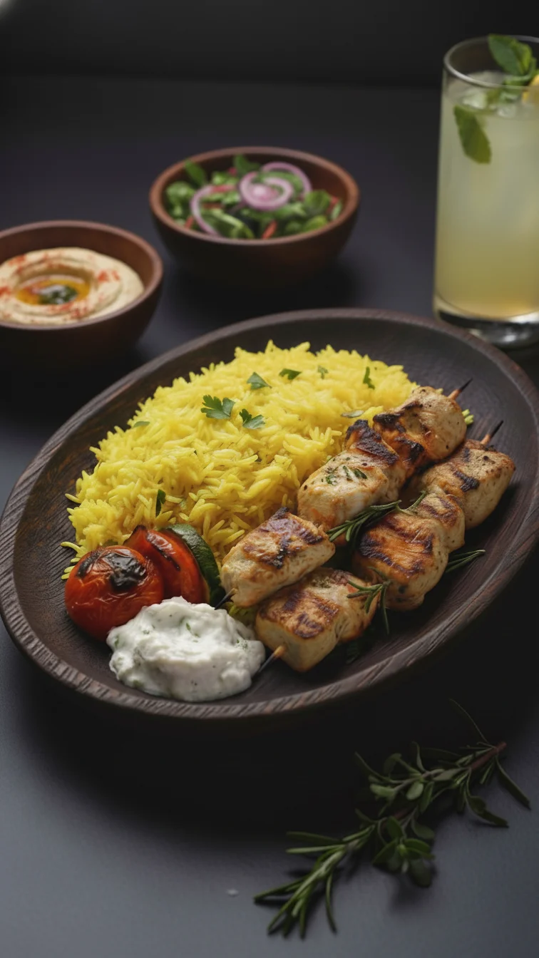 Grilled chicken kebabs with saffron rice and Mediterranean sides