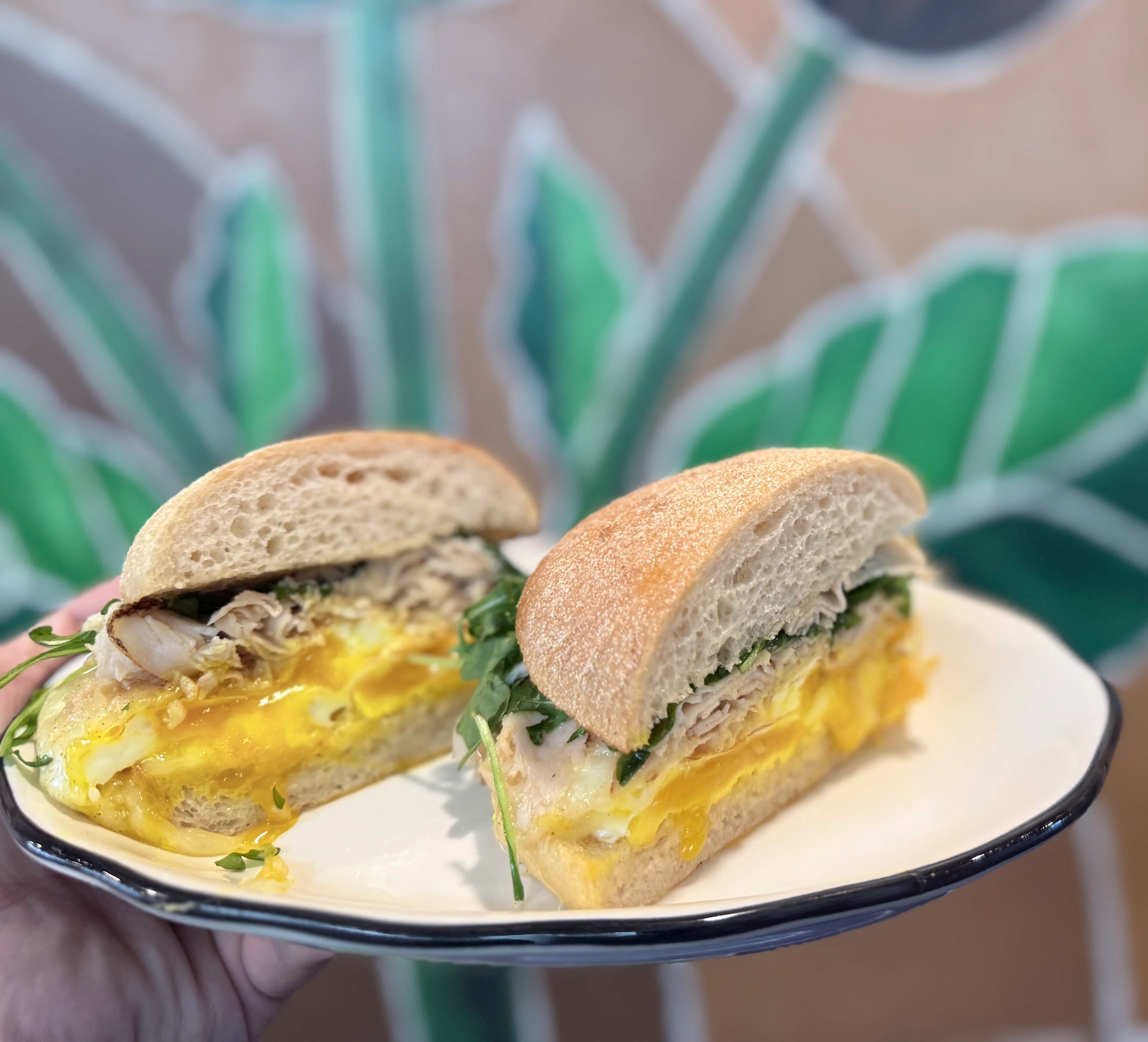 Savory breakfast sandwich with egg and chicken
