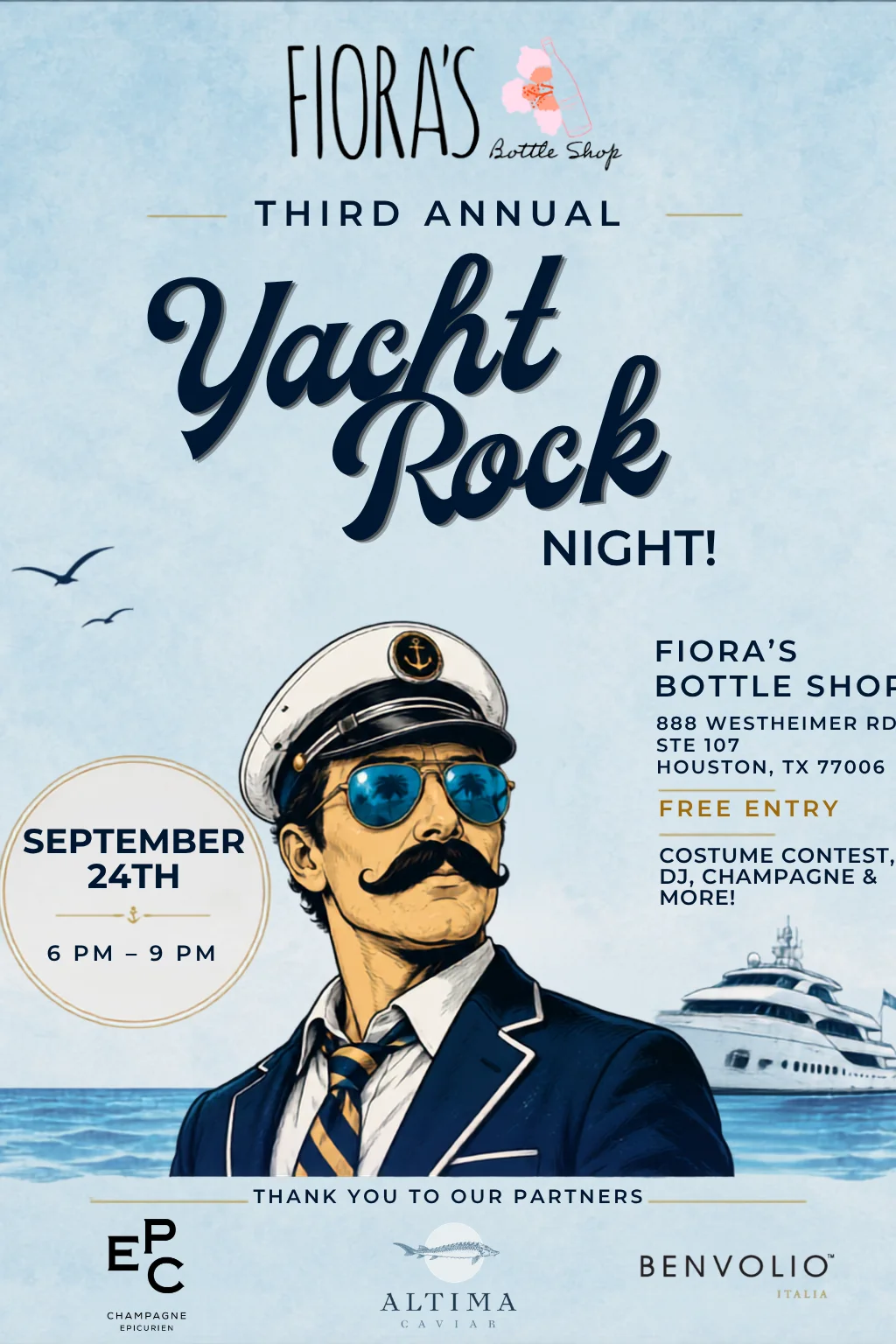 Promotional poster for Yacht Rock Night at Fiora's Bottle Shop