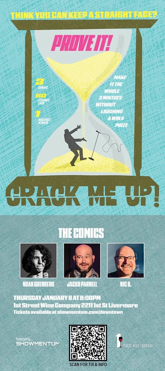 Comedy event poster for 'Crack Me Up!' featuring comics and audience participation