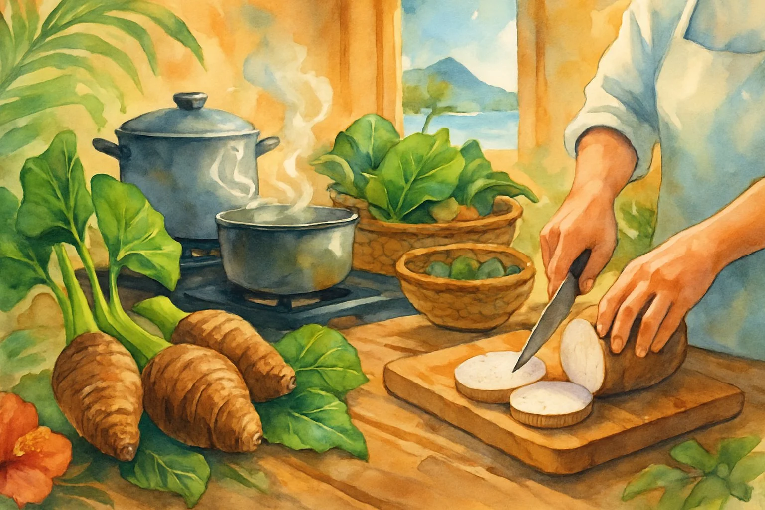 Preparing traditional taro dish in a rustic kitchen