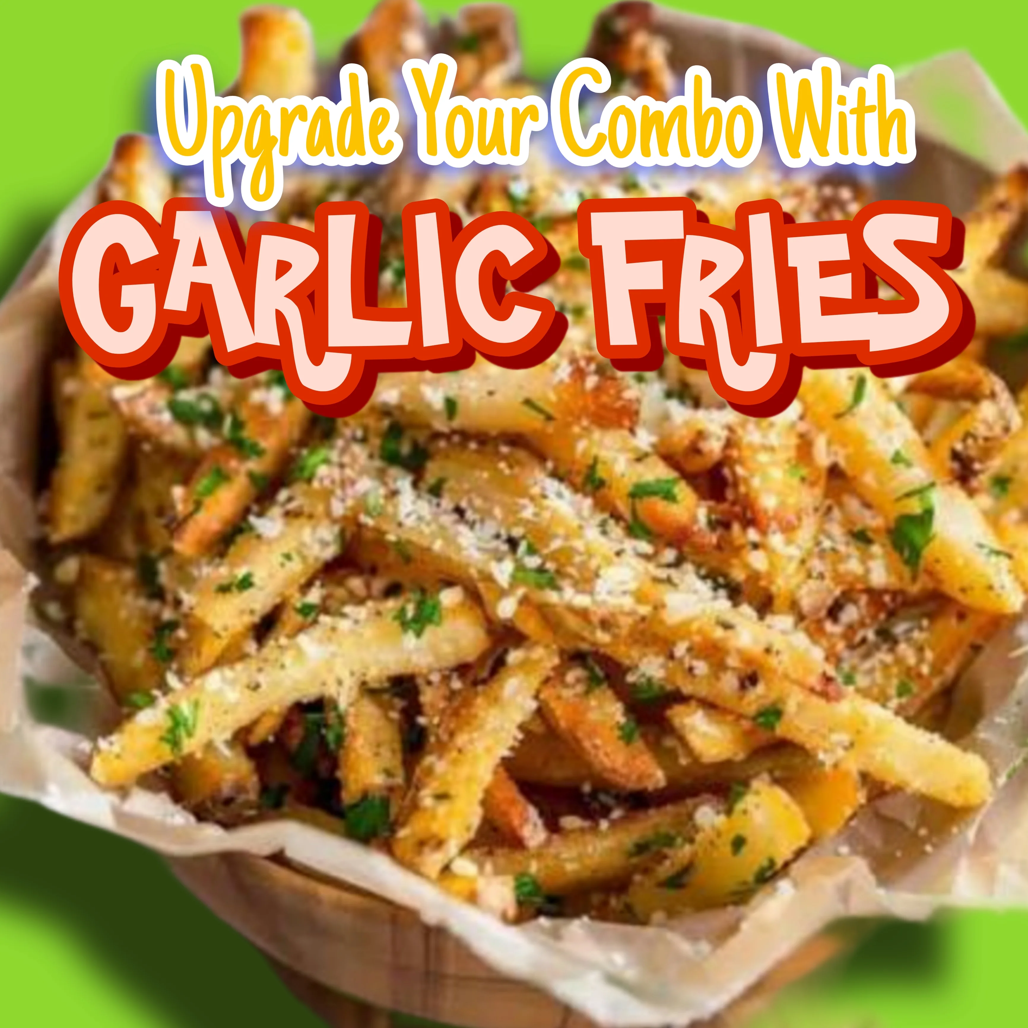A basket of golden garlic fries topped with herbs and cheese, set against a bright green background.