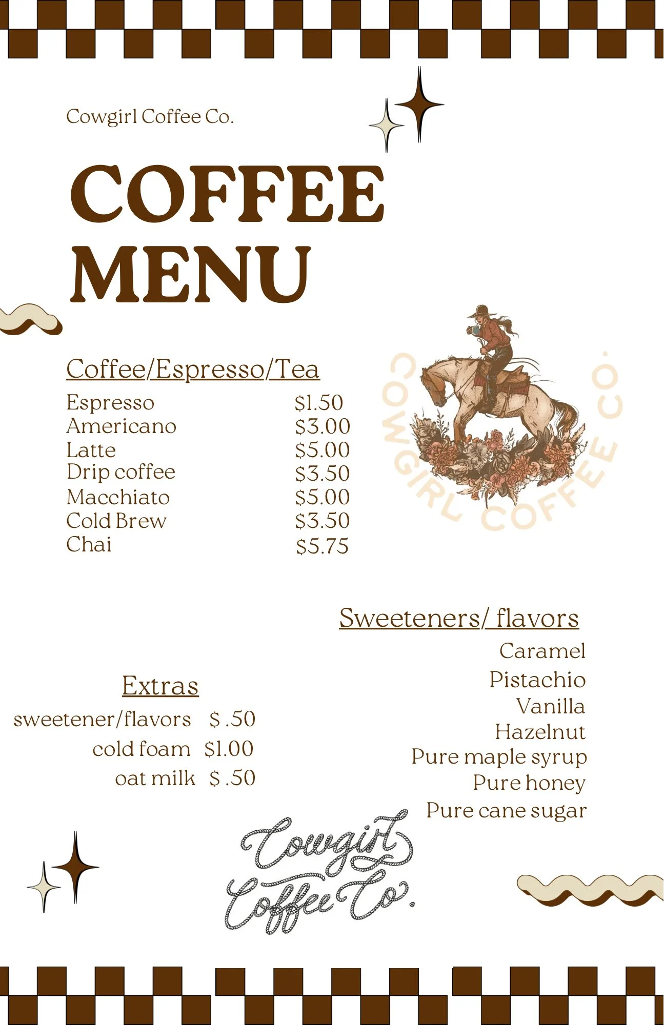 Coffee menu from Cowgirl Coffee Co. featuring various drinks and sweeteners