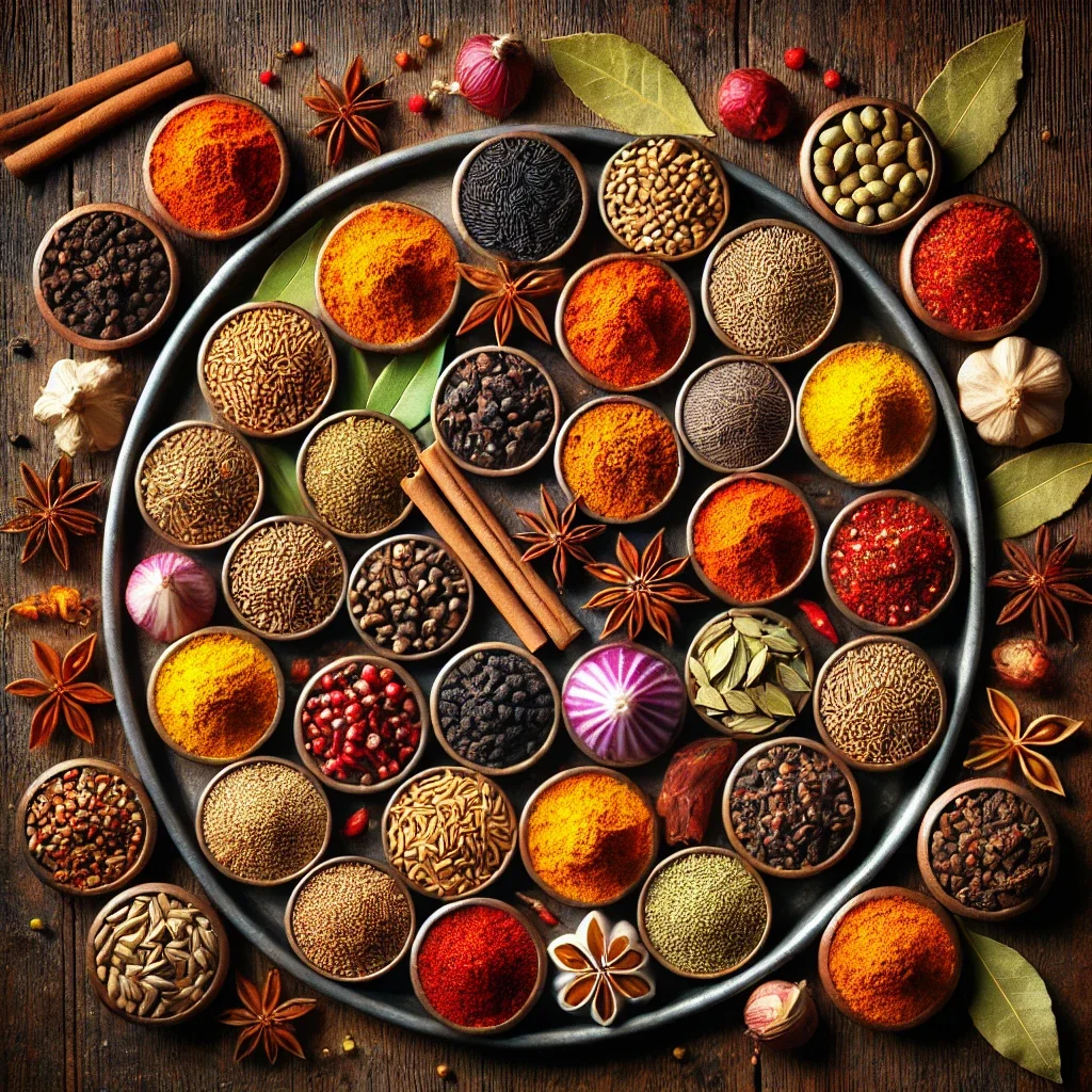 Colorful array of spices for Indian cuisine on a wooden table