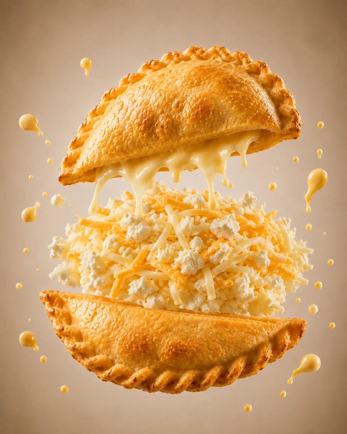 A delicious empanada filled with a mix of cheeses, spilling creamy cheese sauce, against a neutral background.