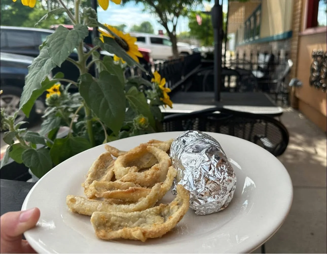 Fried green tomatoes with a baked potato